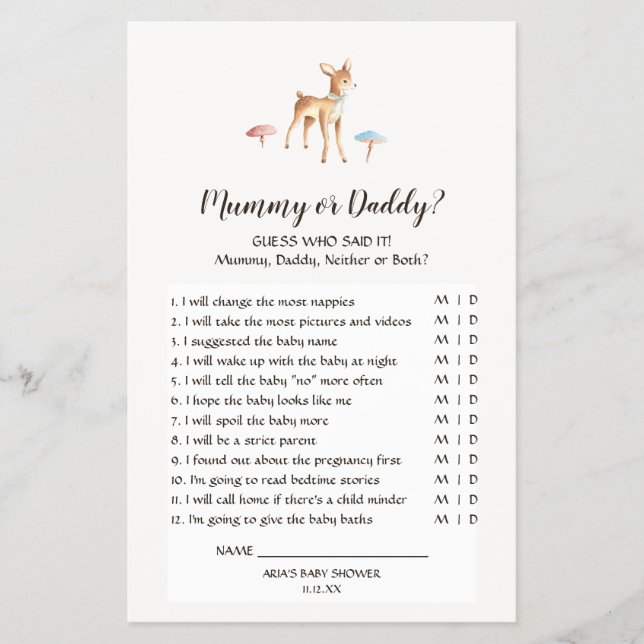 Vattenfärgsspel Baby Hjort MushRumsmummy eller Pap Flygblad (Framsidan)