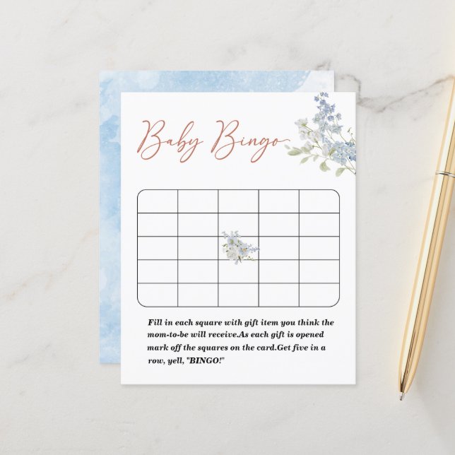 Vattenfärgsspel blåa blommor babyduschbingo-spel (Fram/Back In Situ)