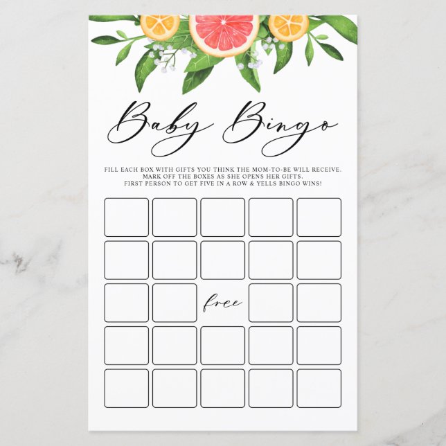 Vattenfärgsspel Grapefruit Baby Bingo Baby Shower  (Framsida)