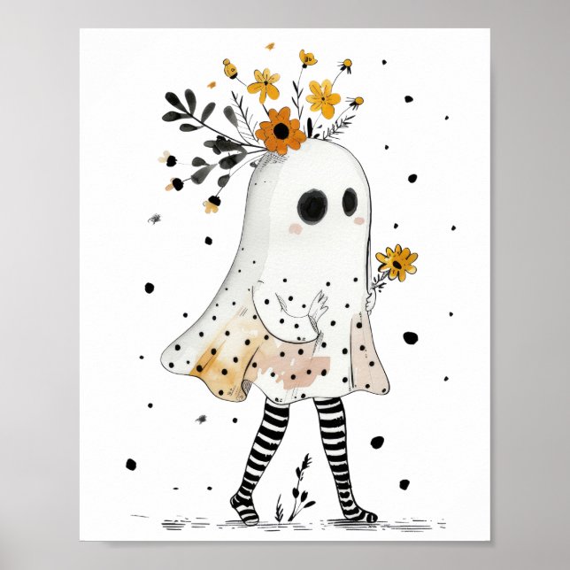 Vattenfärgsspöke & Solrosor Whimsical Halloween Poster (Framsidan)
