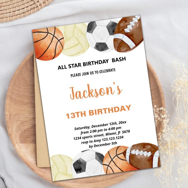 Vattenfärgssporter, födelsedagsinbjudningar inbjudningar (Watercolor Sports Birthday Invitations)