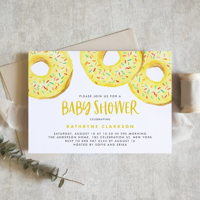 Vattenfärgssprinklerskåda, babyskåda, Gult Inbjudningar (Watercolor Yellow Sprinkle Donuts Baby Shower Invitation)