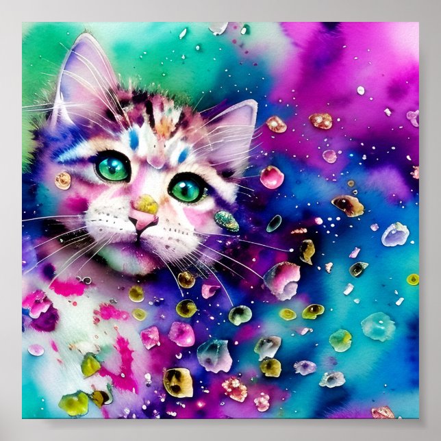 Vattenfärgssprut Kissekatt Poster (Framsidan)