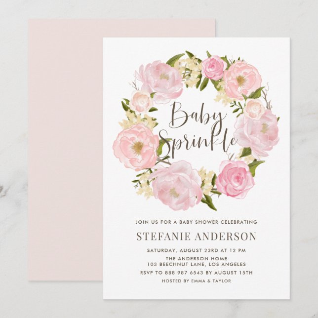 Vattenfärgsspruta  Rosa Peony Wandan Baby Sprinkle Inbjudningar (Fram/baksida)