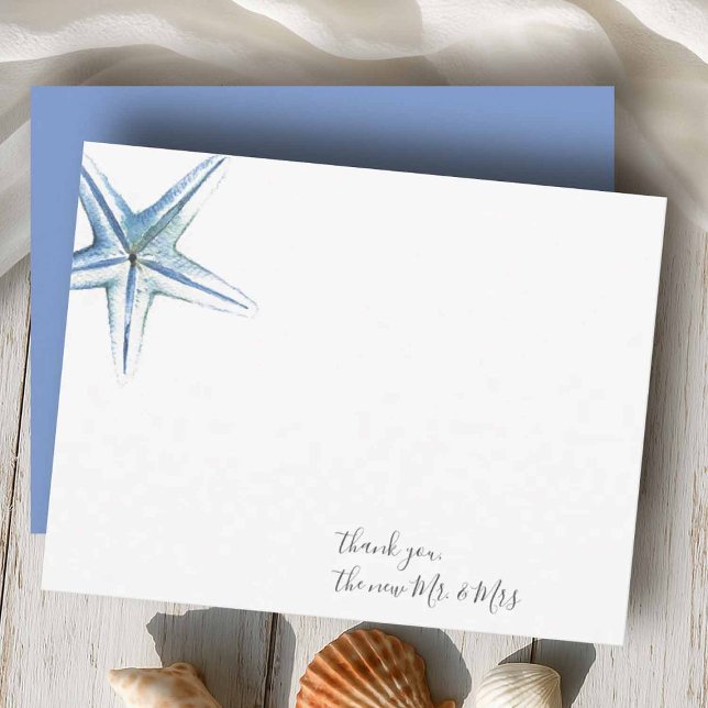 Vattenfärgsstationskort för Starfish Tack Stations Anteckningskort (Beach wedding thank you cards designed with hand painted watercolor starfish by Victoria Grigaliunas)