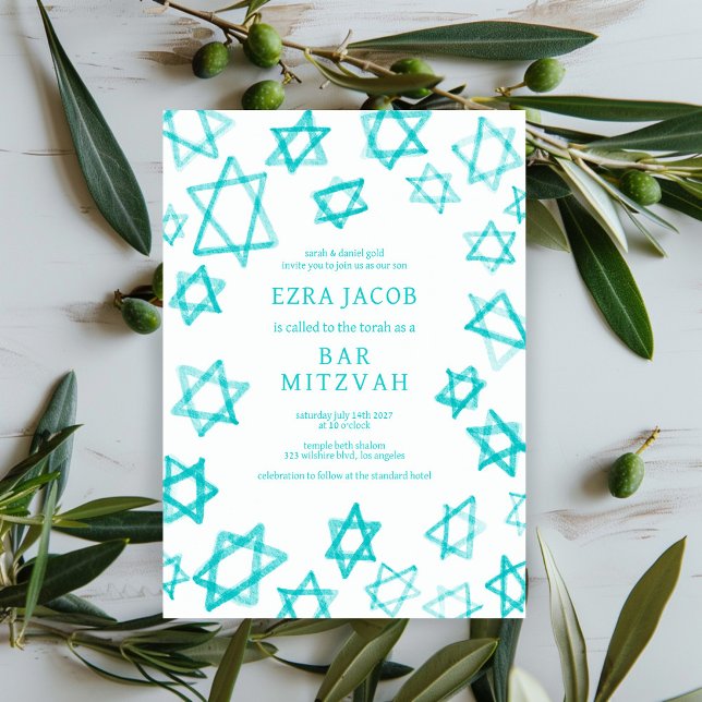 Vattenfärgsstjärnan i Coolan Aqua Star i David Pub Inbjudningar (Watercolor Cool Aqua Teal Green Star of David Bar Bat Mitzvah Custom Invitation evite
)