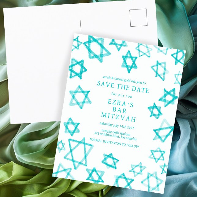 Vattenfärgsstjärnan i Coolan Aqua Star i David Pub Meddelande Vykort (Watercolor Cool Aqua Star of David Bar Bat Mitzvah Save the Date Postcard
)