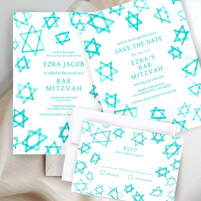 Vattenfärgsstjärnan i Coolan Aqua Star i David Pub Spara Datumet (Watercolor Cool Aqua Star of David Bar Bat Mitzvah Save The Date, Invite, RSVP Card)