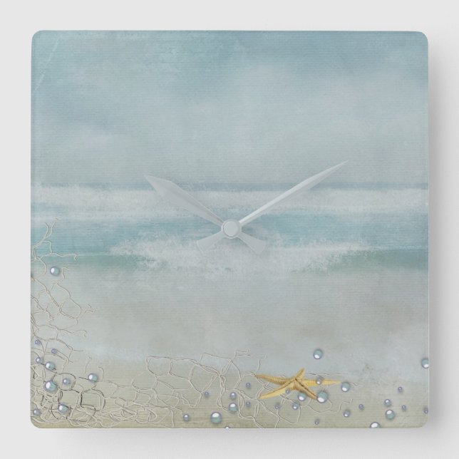 vattenfärgsstjärnfisk på strand fyrkantig klocka (Framsida)