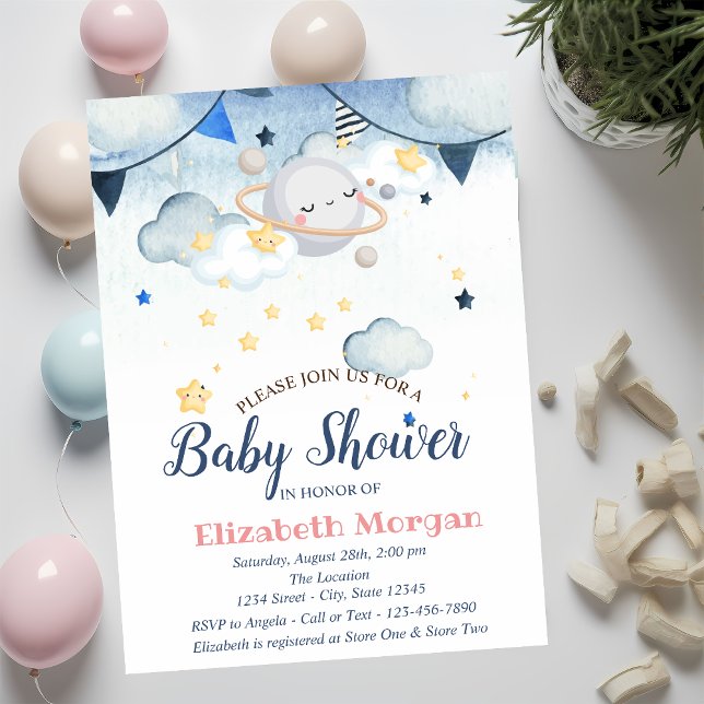 Vattenfärgsstjärnor,moln,Planet Baby Shower Inbjudningar (Skapare uppladdad)