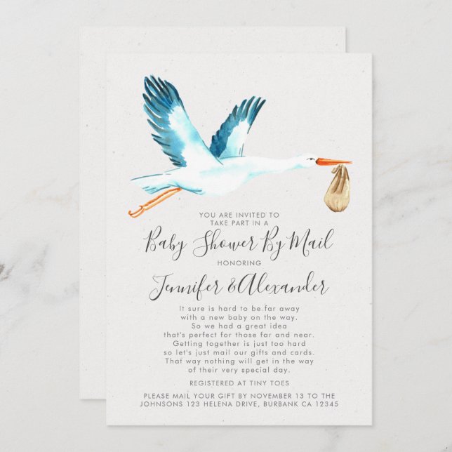 Vattenfärgsstork Blått par babyskor per post Inbjudningar (Fram/baksida)