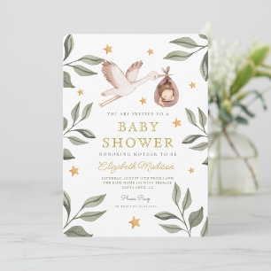 Vattenfärgsstork Stars Greenery Baby Shower Inbjudningar
