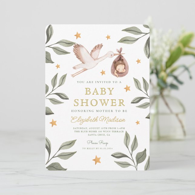 Vattenfärgsstork Stars Greenery Baby Shower Inbjudningar (Skapare uppladdad)