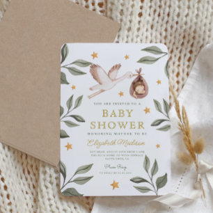 Vattenfärgsstork Stars Greenery Baby Shower Inbjudningar