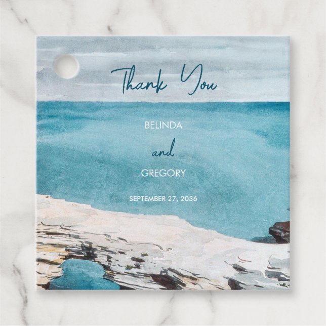 Vattenfärgsstrand Ocean Vågar Monogram Bröllop Gåvor Etiketter (Framsida)