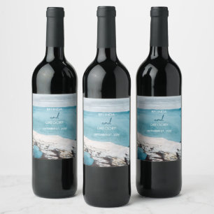 Vattenfärgsstrand Ocean Vågar Monogram Bröllop Vinflaska Etikett