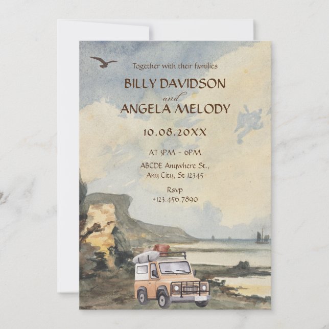Vattenfärgsstrand och vintage bröllop inbjudningar (Framsida)