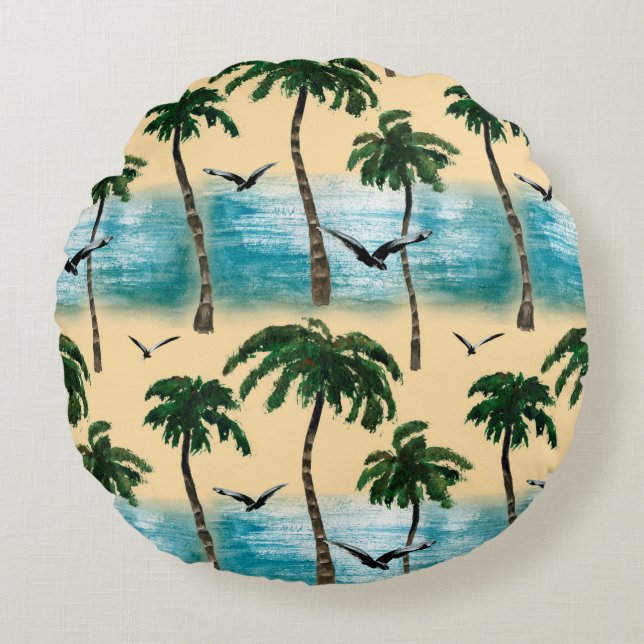 Vattenfärgsstrand, sömlös struktur. Handflatan, fi Rund Kudde (Framsidan)