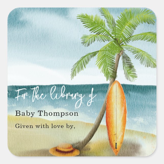 Vattenfärgsstrand surfa - bibliotek fyrkantigt klistermärke (Framsida)