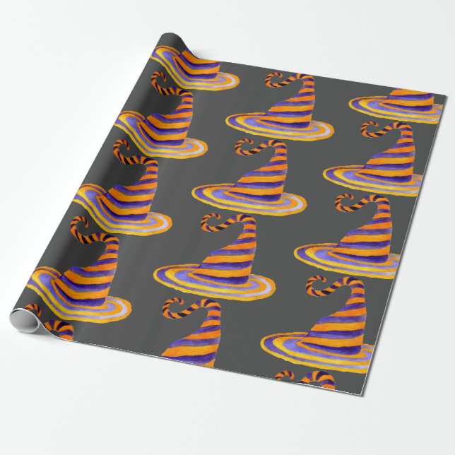 Vattenfärgsstripe Witch Hat Presentpapper (Utrullad)