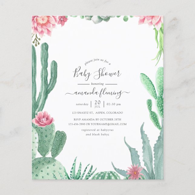Vattenfärgssucculenter Baby Shower-inbjudan Flygblad (Framsidan)