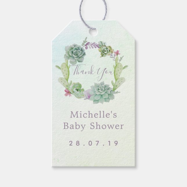 Vattenfärgssucculenter Baby Shower Tacksamhetskort Presentetikett (Framsidan)