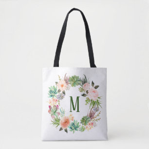 Vattenfärgssucculenter Blommig Krans Monogram Tygkasse