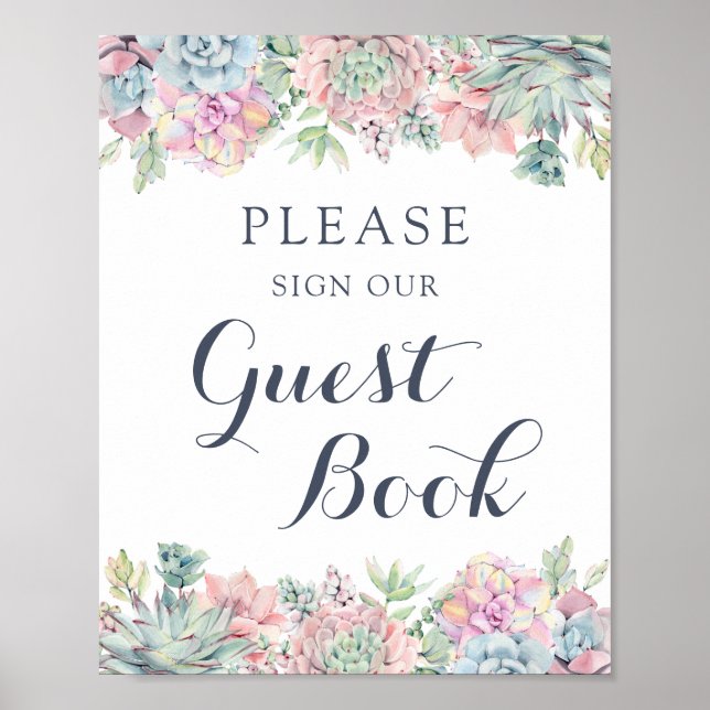 Vattenfärgssucculenter Blush Elegant Gästbok Poster (Framsidan)