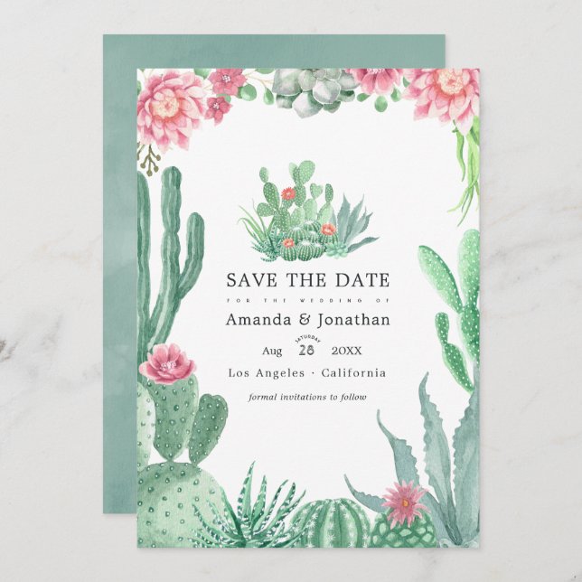 Vattenfärgssucculenter Bröllopsfoto Spara Datumet (Fram/baksida)