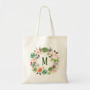 Vattenfärgssucculents Blommigt Monogram Bridesmaid Tygkasse