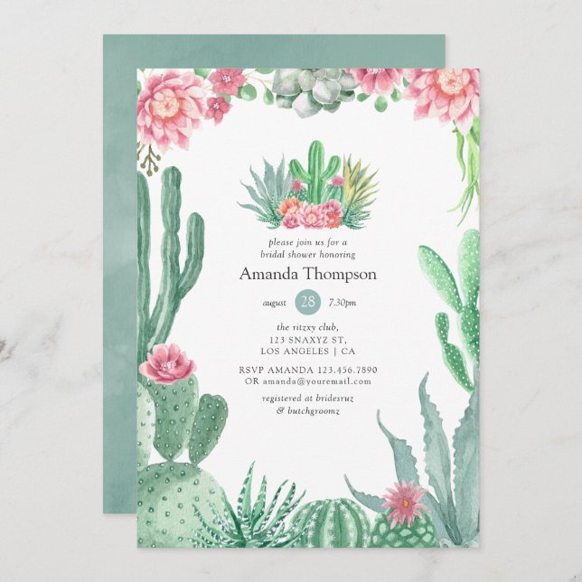 Vattenfärgssucculents Bröllop Möhippa Inbjudningar (Fram/baksida)