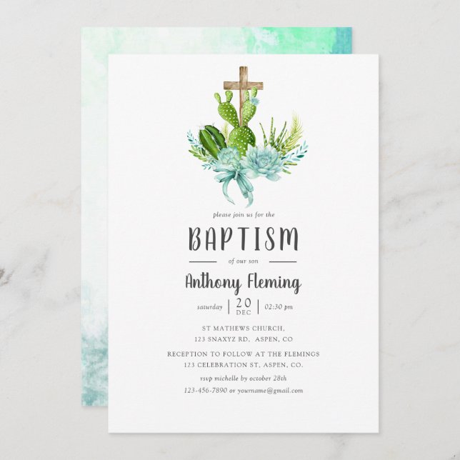 Vattenfärgssucculents Pojke Baptism/Christening Inbjudningar (Fram/baksida)