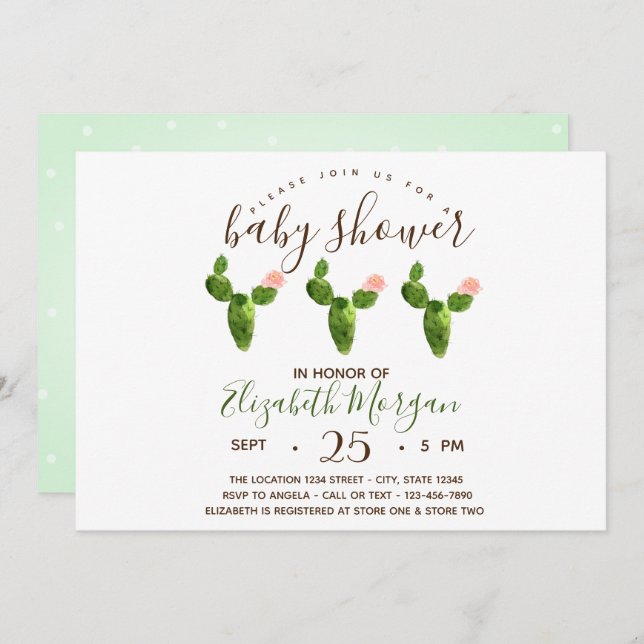 Vattenfärgssucculents Polka dots Baby Shower Inbjudningar (Fram/baksida)