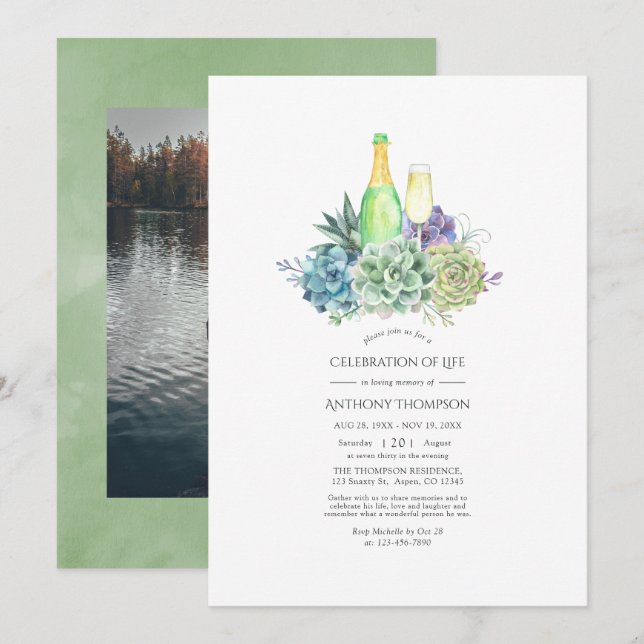 Vattenfärgssucculents Vin Firande i Life Inbjudningar (Fram/baksida)