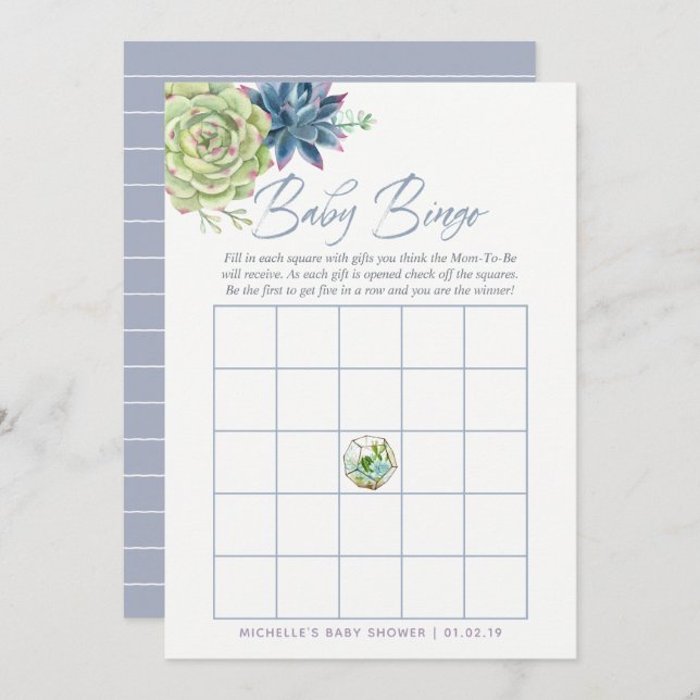 Vattenfärgssucculus Baby Shower Baby Bingo Inbjudningar (Fram/baksida)