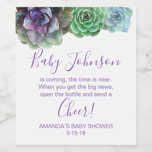 Vattenfärgssucculus babydusch vin etikett (Singel etikett)