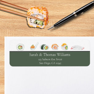 Vattenfärgssushi och sashimi  returadress etikett
