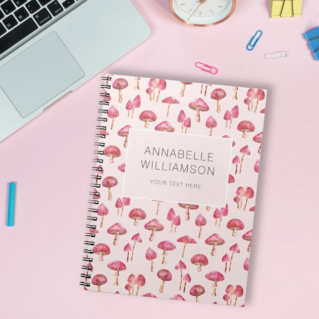 Vattenfärgssvampar Namn Anteckningsbok (Cute pink woodland mushroom pattern notebook.  Personalize with your own name and choice of text.)