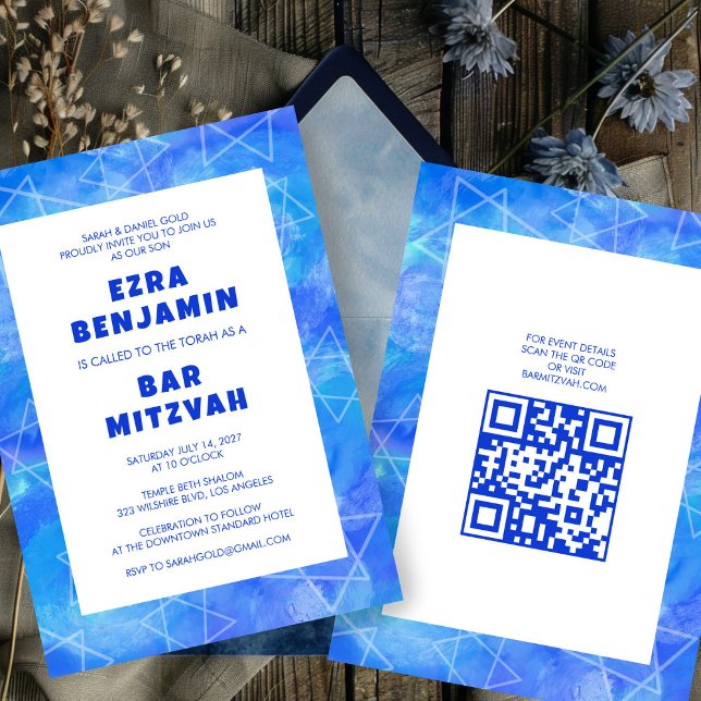 Vattenfärgssvängar Beställnings QR-kod Bar Bat Mit Inbjudningar (Watercolor Swirls Custom QR CODE Bar Bat Mitzvah Invitation
)