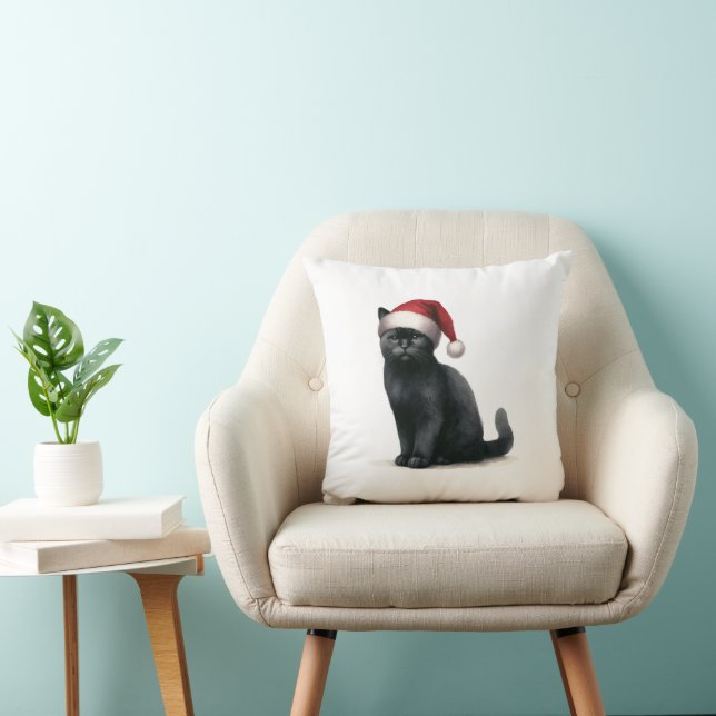 Vattenfärgssvart katt i Festive Santa Hat Pillow Kudde (Stol)