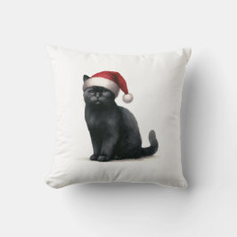 Vattenfärgssvart katt i Festive Santa Hat Pillow Kudde