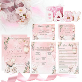 Vattenfärgssymfoni i Rosa Co-Ed Girl Baby Shower Inbjudningar