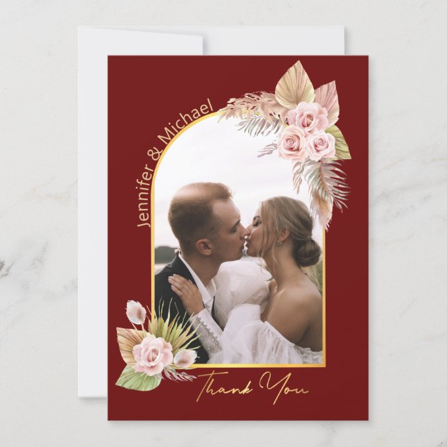 vattenfärgstack för bröllop fotoröd blommigt anteckningskort (Framsida)