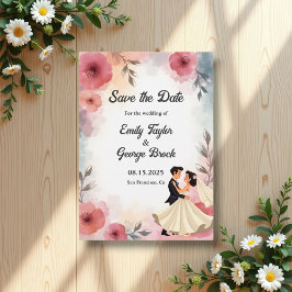 Vattenfärgstav och Blommigt Elegant bröllop Spara Datumet