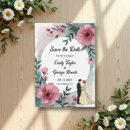 Vattenfärgstav och Blommigt Elegant bröllop Spara Datumet