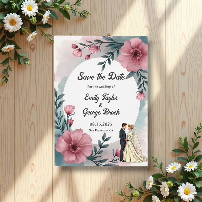Vattenfärgstav och Blommigt Elegant bröllop Spara Datumet (Skapare uppladdad)