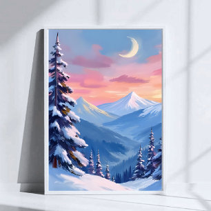 Vattenfärgstavla av bergsmåne vinter poster