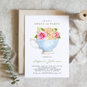 Vattenfärgste-kopp Rosor Blommig Te-fest Sweet 16 Inbjudningar