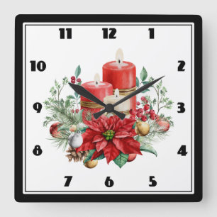 Vattenfärgstearinljus och Poinsettia-jul Fyrkantig Klocka