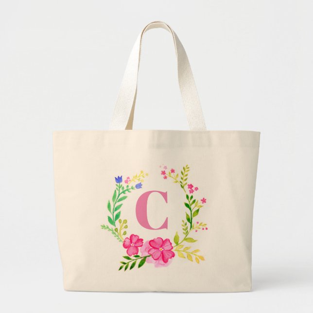 Vattenfärgstecknet Monogrammad Blommigt Tote Bag Jumbo Tygkasse (Framsidan)